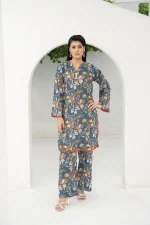 Slate Blue with Abstract Floral 2-Piece Lawn Suit