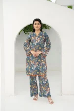 Slate Blue with Abstract Floral 2-Piece Lawn Suit
