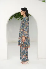 Slate Blue with Abstract Floral 2-Piece Lawn Suit