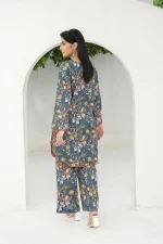 Slate Blue with Abstract Floral 2-Piece Lawn Suit