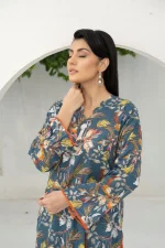 Slate Blue with Abstract Floral 2-Piece Lawn Suit
