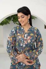 Slate Blue with Abstract Floral 2-Piece Lawn Suit