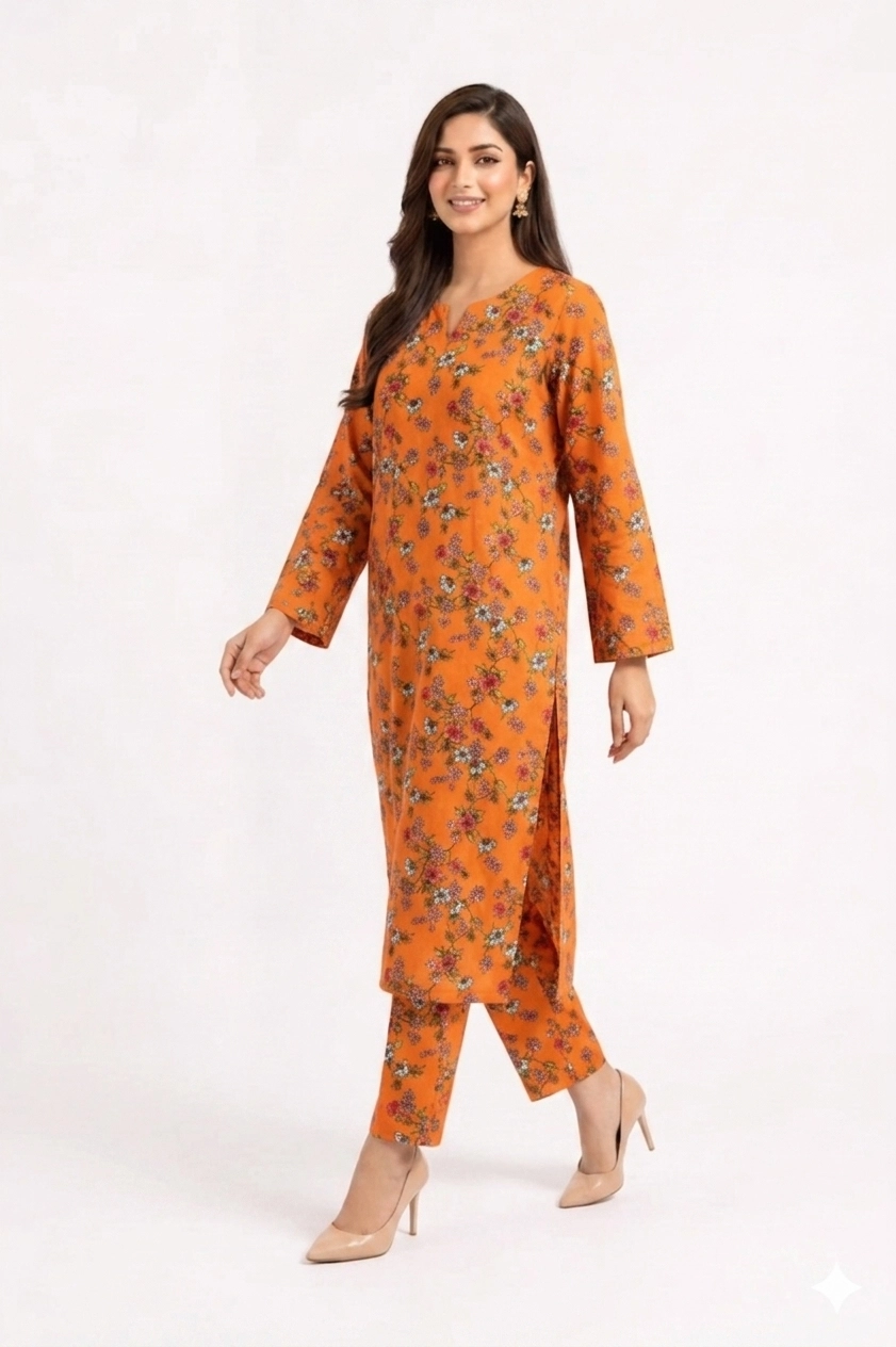 Orange Cherry Blossom Floral 2PC Women’s Summer Suit, Unstitched Shirt & Trouser, Digital Allover Print, Micro Polo Cotton - 1 Orange Cherry Blossom Floral 2PC Women’s Summer Suit, Unstitched Shirt & Trouser, Digital Allover Print, Micro Polo Cotton