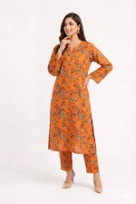 Orange Cherry Blossom Floral 2PC Women’s Summer Suit, Unstitched Shirt & Trouser, Digital Allover Print, Micro Polo Cotton - 1