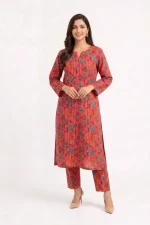 Red Cosmos Floral 2PC Women’s Summer Suit, Unstitched Shirt & Trouser, Digital Allover Print, Micro Polo Cotton