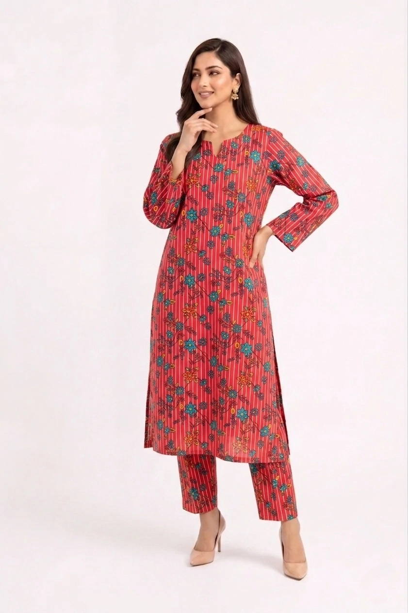 Red Cosmos Floral 2PC Women’s Summer Suit, Unstitched Shirt & Trouser, Digital Allover Print, Micro Polo Cotton - 2 Red Cosmos Floral 2PC Women’s Summer Suit, Unstitched Shirt & Trouser, Digital Allover Print, Micro Polo Cotton